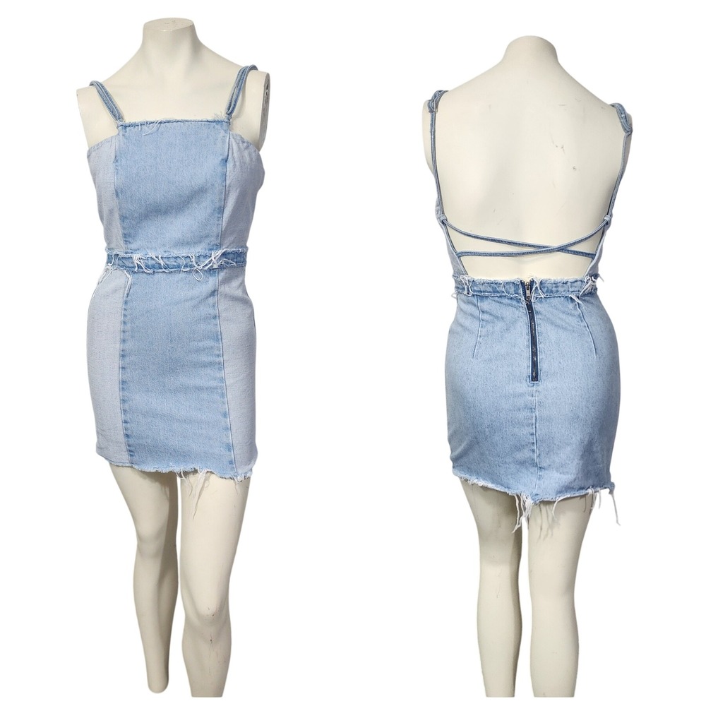 Zara TRF Denim Makers Light Wash Mini Dress XS distressed Open Back cotton‎